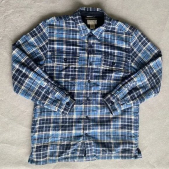 L.L. Bean Men's M Blue Plaid Flannel Button-Up Shacket Long Sleeve Fleeced Lined - Picture 1 of 5